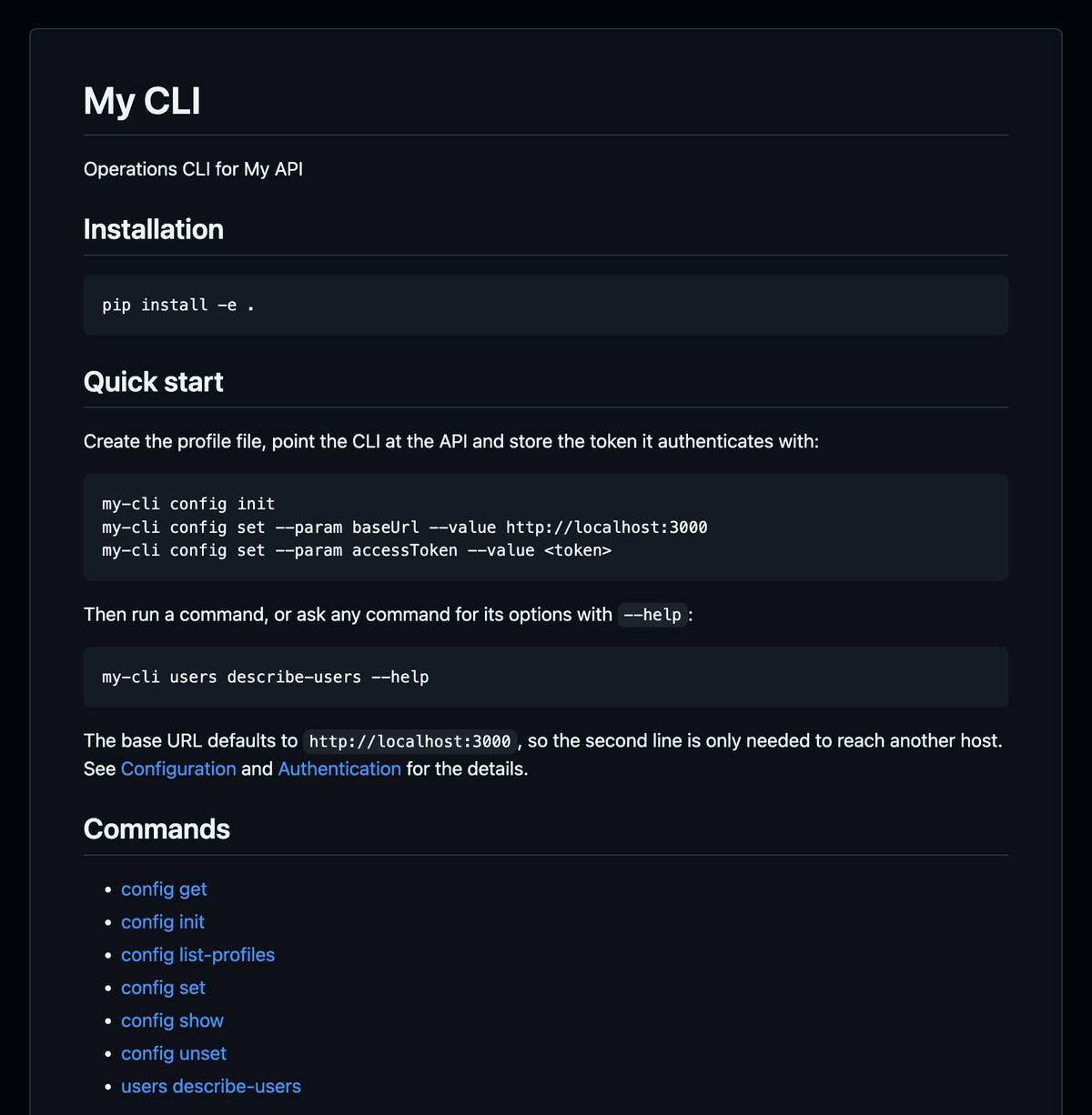 The README generated for my-cli, rendered on GitHub: installation, quick start, and command index